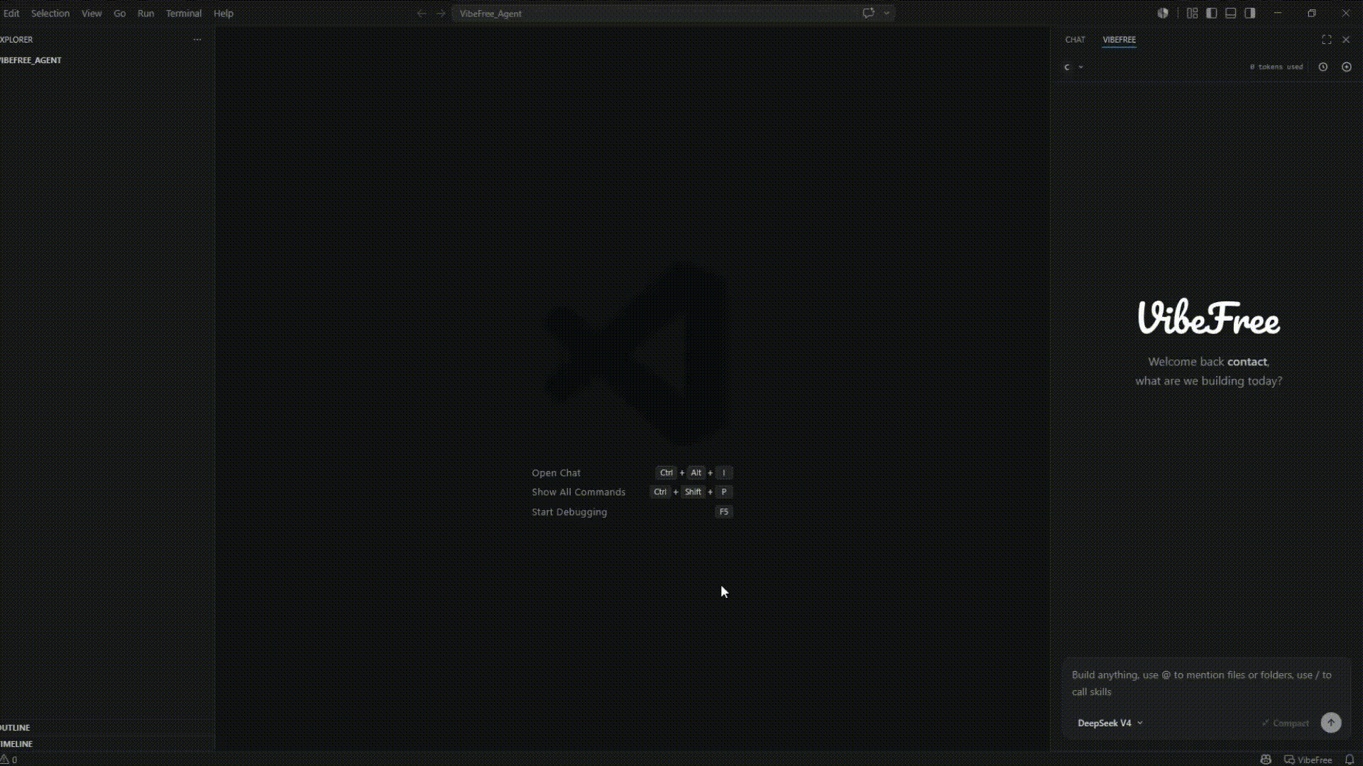 VibeFree demo - agentic chat editing a file, running tests, and applying a diff inside VS Code